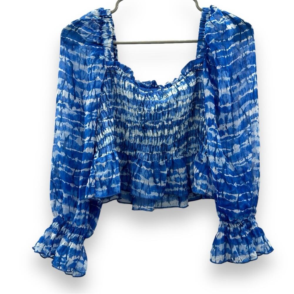Zara‎ Blue & White Tie Dye Print Shirred Smocked Long Sleeve Crop Top Sz S